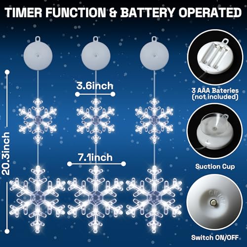 White Snowflake Christmas Window Lights Set - Battery Operated with Suction Cups