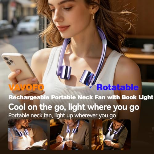Purple Portable Neck Fan with Book Light Hands-Free Wearable Cooling Device