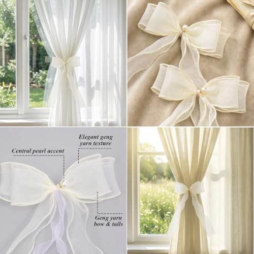 Creamy Ivory Bow Curtain Tiebacks - Elegant Decorative Drapery Straps for Home & Office