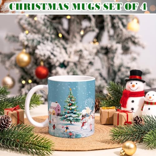 Winter Ice Skating Mug Set - 4 Ceramic Holiday Gift Coffee Cups 11.8 oz