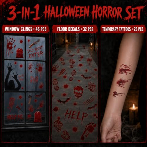 Large Halloween Bloody Window Clings Floor Decals & Temporary Tattoos Set