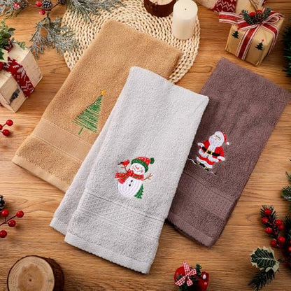 3 Pcs Christmas Hand Towels for Bathroom with Santa Claus Embroidery, 13.3 x 29 Inches - Brown, Gray & Beige