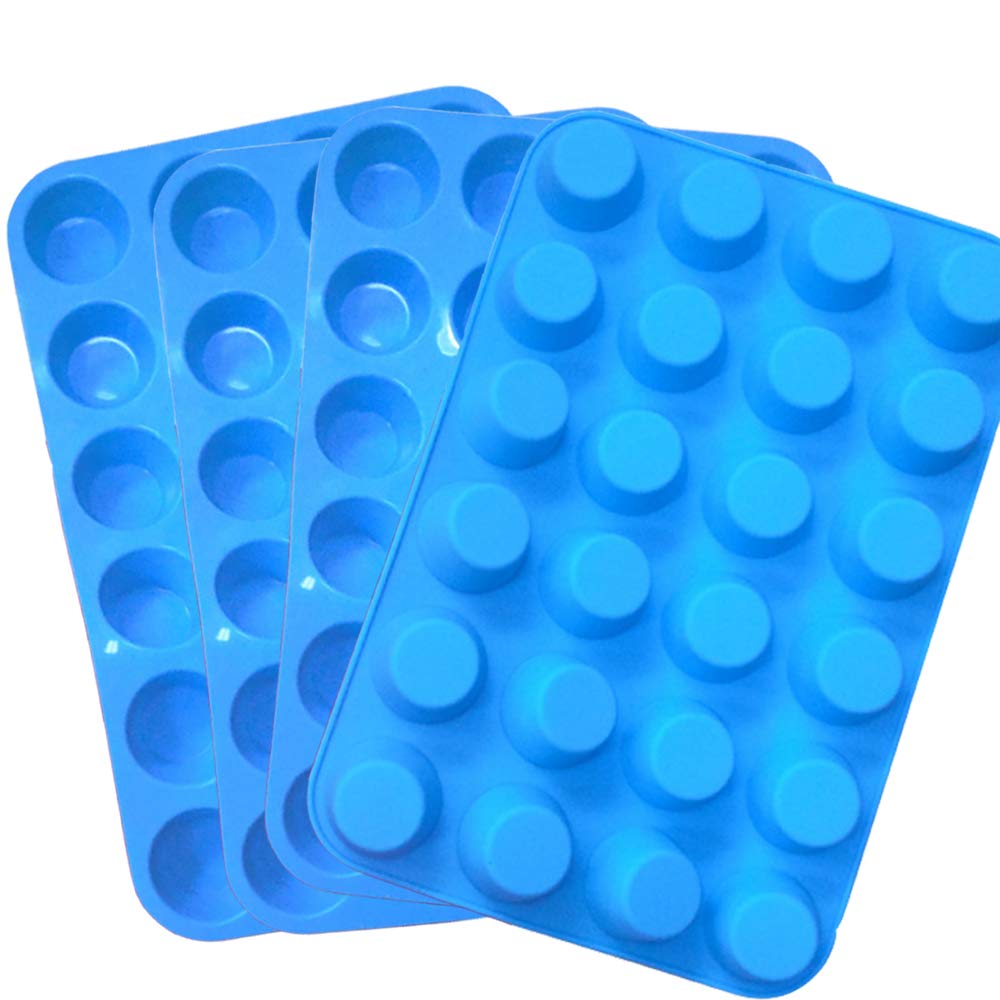 Qtopun Silicone Mini Muffin Pan, 4 Pack 24 Cups Silicone Mold Cups Baking Pan, Silicone Muffin Tins Baking Moulds-Blue