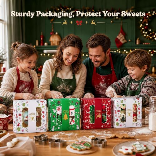 12 Pack Christmas Cookie Boxes with Window & Gold Band - Small 6x6x2.5 Inches, Multi Colors