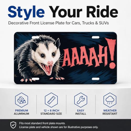 Funny Animal Humor Aluminum License Plate - Screaming Opossum Variation