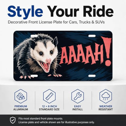 Funny Animal Humor Aluminum License Plate - Screaming Opossum Variation