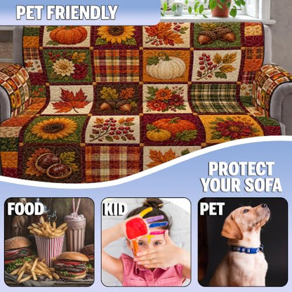 Personalized Autumn Paw Patchwork Sofa Cover with Pumpkin Gnome Design - A03