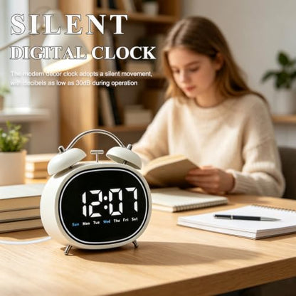 Small Round Digital Alarm Clock with Silent Mode - White