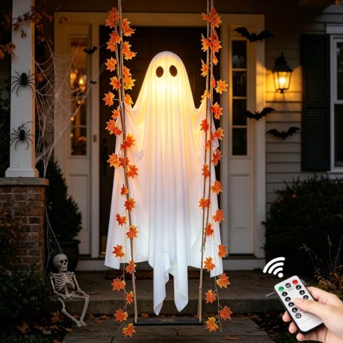 Outdoor Halloween Ghost Decor with String Lights, 4.4ft Spooky Ghost Swing
