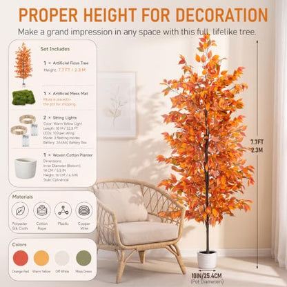 7.7ft Artificial Ficus Tree with String Lights & Woven Basket for Indoor Decor