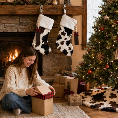 Cow Print Christmas Stockings 20 Inch Faux Fur Personalized Name Tags - Set of 2