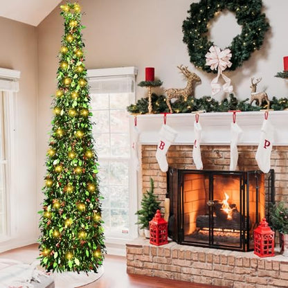 Collapsible 5ft Artificial Christmas Tree with LED String Lights - Red-Berry & Harry-Leaf Variation