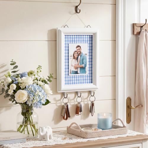 Stylish Farmhouse Rustic Key Holder Wall Decor with Photo Frame - Blue Gingham