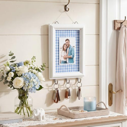 Stylish Farmhouse Rustic Key Holder Wall Decor with Photo Frame - Blue Gingham