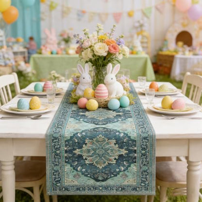 Teal and Blue Boho Floral Summer Table Runner 13x90 Inches for Home & Party Decor