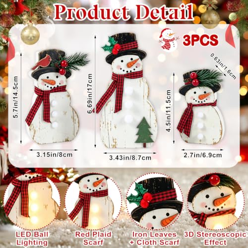 3 Pack Christmas Snowman Wooden Decor with LED Lights - Holiday Table Ornaments