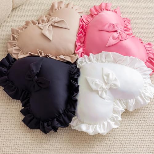 Light Pink Heart-Shaped Throw Pillow with Bow & Ruffle - Romantic Home Decor