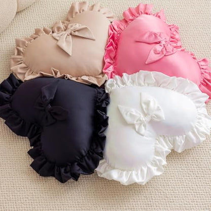 Light Pink Heart-Shaped Throw Pillow with Bow & Ruffle - Romantic Home Decor
