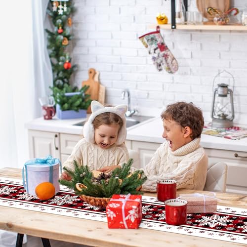 Christmas Table Runner 72x13 Inch Red Black Checkered Snowflake Pattern Holiday Decor