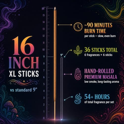 Long Burning Incense Sticks Pack for Meditation & Aromatherapy - 6 Fragrances, 16 Inch