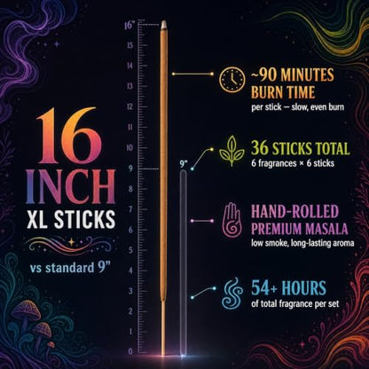 Long Burning Incense Sticks Pack for Meditation & Aromatherapy - 6 Fragrances, 16 Inch