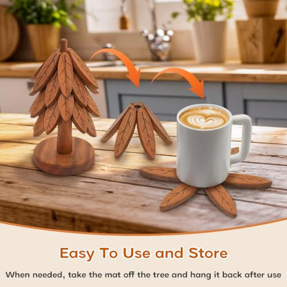 Wooden Tree-Shaped Trivet Set with Stand – 6 Pcs, Kitchen Hot Dish Protector