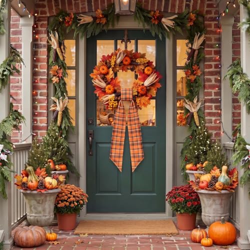 Fall Wreath Sash for Front Door - Style3, Red Orange Plaid, 5x55.9in