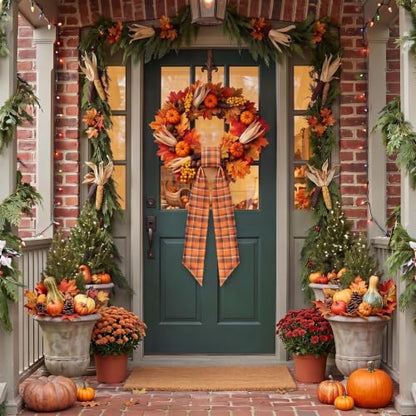 Fall Wreath Sash for Front Door - Style3, Red Orange Plaid, 5x55.9in