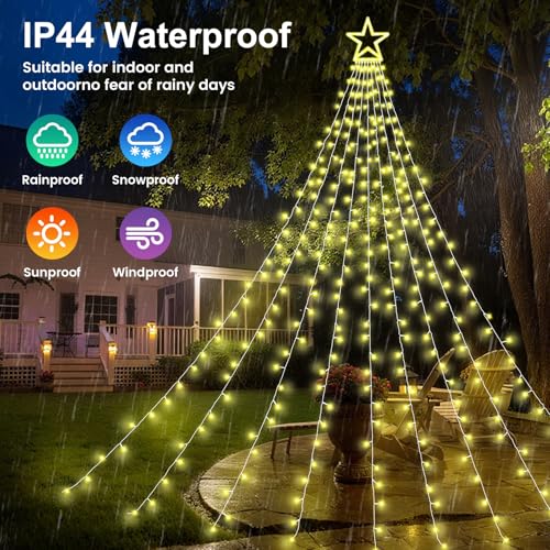 Outdoor Christmas Decorations 11.5ft Warm Waterfall Tree Lights with Star, 8 Modes