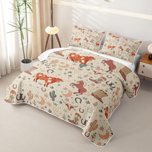 Western Cowboy Quilt Set Full Size with Pillowcases - Terracotta Peach & Oat Cream - All Season Rodeo Bedding for Kids & Teens