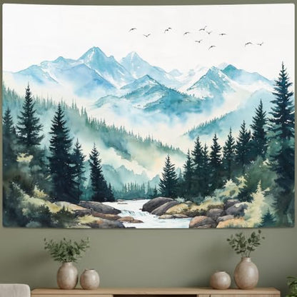 Mountain White Watercolor Tapestry 60x44 Inch Misty Forest River Scene - Wolijojo