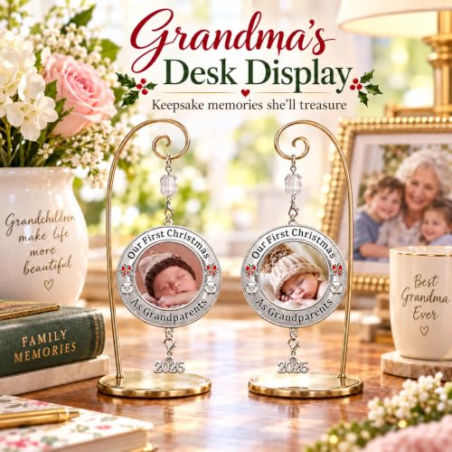 Medium Set of 2 Christmas Photo Ornaments - Our First Grandparents 2026 with Red Bow & Lamb Accents