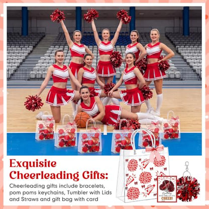 Red Cheerleader Gift Set Bulk 12 Pieces with Necklaces, Gift Bags, Ribbons
