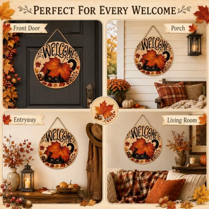 Fall Decor - Autumn Welcome Sign for Front Door - Orange Black - Thanksgiving Wreath
