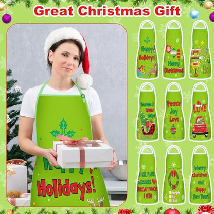 JenPen Christmas Aprons Bulk Set with Adjustable Neck Straps - Green, 9 Pack for Holiday Cooking & Parties