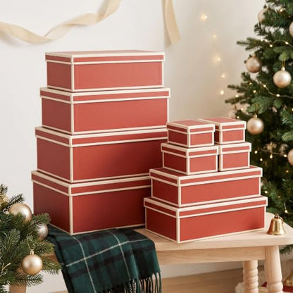 Christmas Gift Boxes with Lids Set of 10 - Festive Red Holiday Packaging