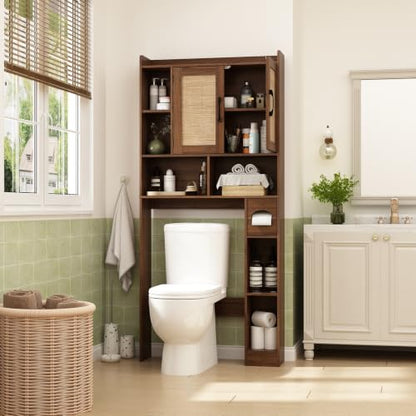 Rattan Over The Toilet Storage Cabinet - Walnut Finish Bathroom Organizer