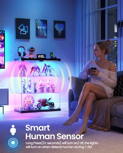 Black 3-Tier Glass Display Cabinet with RGB LED Lights and Charging Station