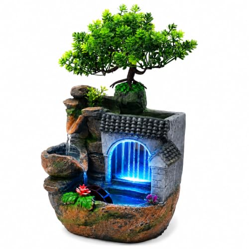 Indoor Tabletop Water Fountain with LED Lights - 11.8 Inch Relaxing Desk Decor
