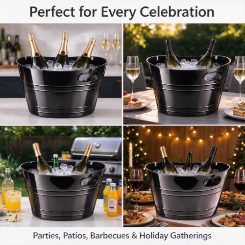 Large Black Ice Bucket with Handles, 17.6 Inch Party Tub for Drinks & Snacks