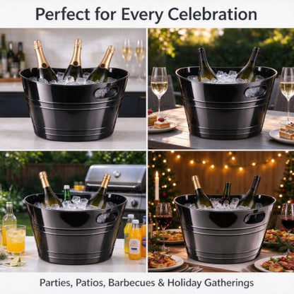 Large Black Ice Bucket with Handles, 17.6 Inch Party Tub for Drinks & Snacks