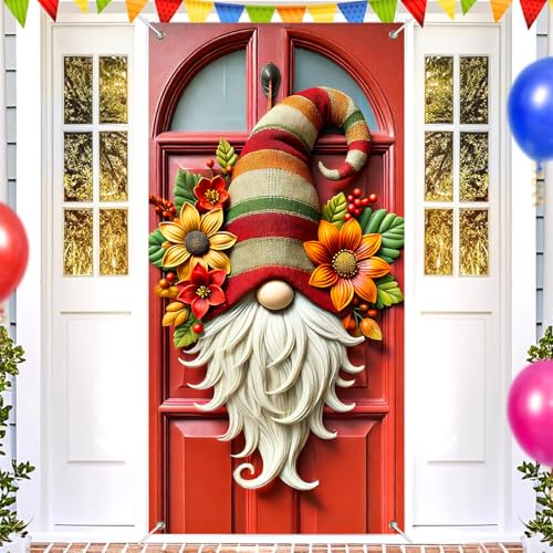 Christmas Door Cover Gnome Red Holiday Decor 35x71 Inch Polyester