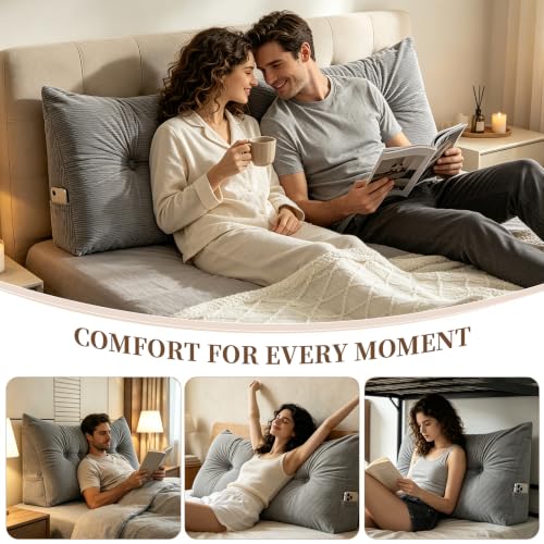 Twin Bed Backrest Pillow with Support & Side Pocket - Grey