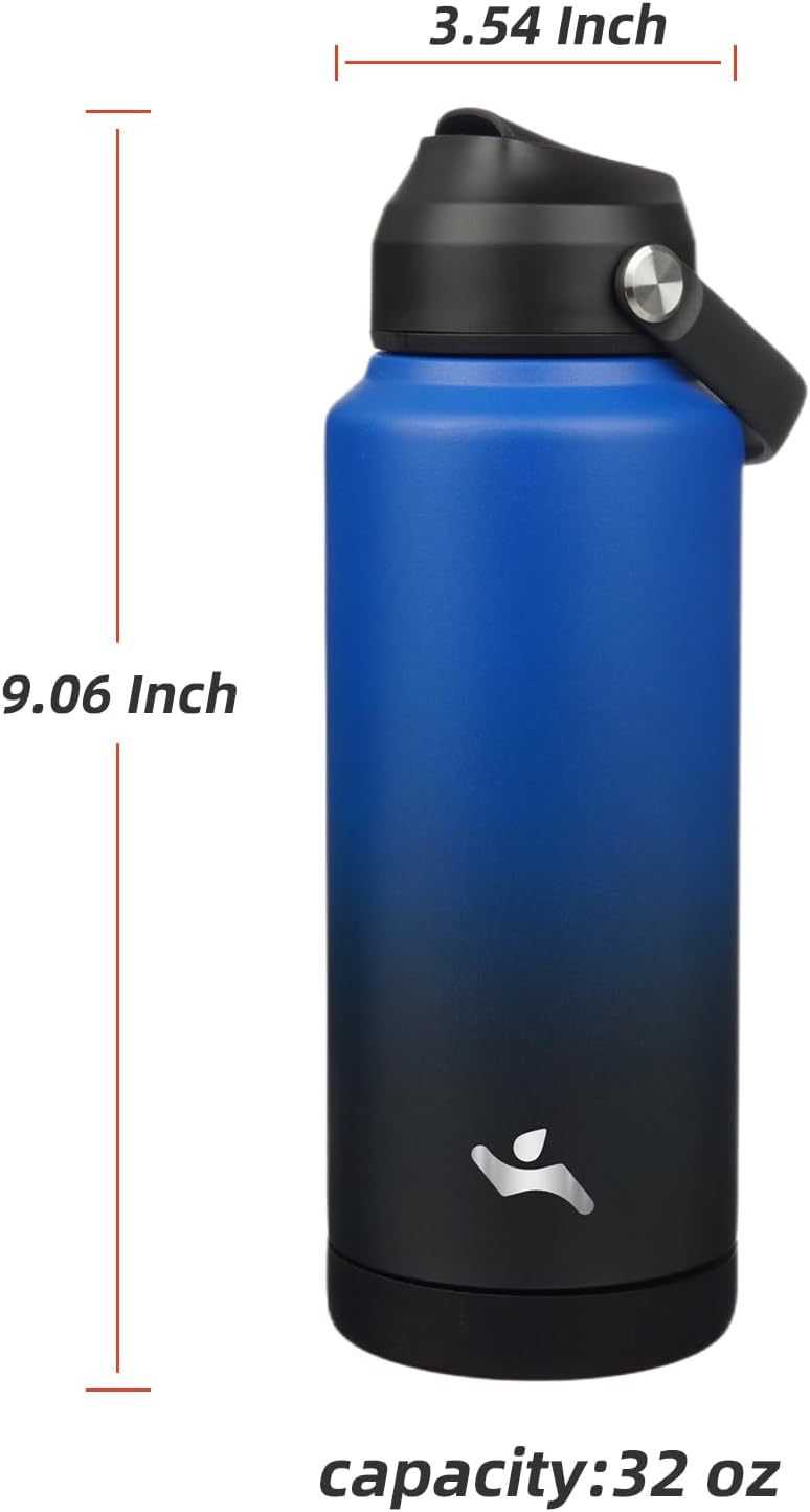 Skiennix Insulated Water Bottle - 32 oz Stainless Steel with Straw Lid & Silicone Handle - Black/Blue