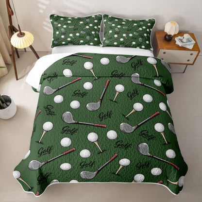 Deep Green Twin Golf Quilt Set for Kids Boys & Girls - Lightweight Bedding with Pillowcase