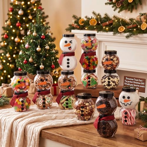 Christmas Snowman Candy Jars Set with Gingham Ribbon - 12 Pcs