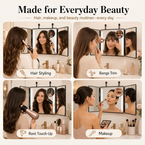 3 Way Makeup & Hair Styling Mirror with 10X Magnifier, LED Lighting, Adjustable Hooks