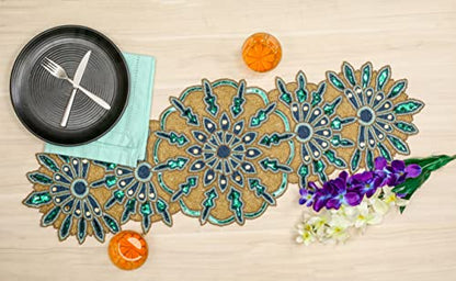 Hand Beaded Green Gold Glitz Table Runner 13x36 for Easter & Holidays - Homebia Designs