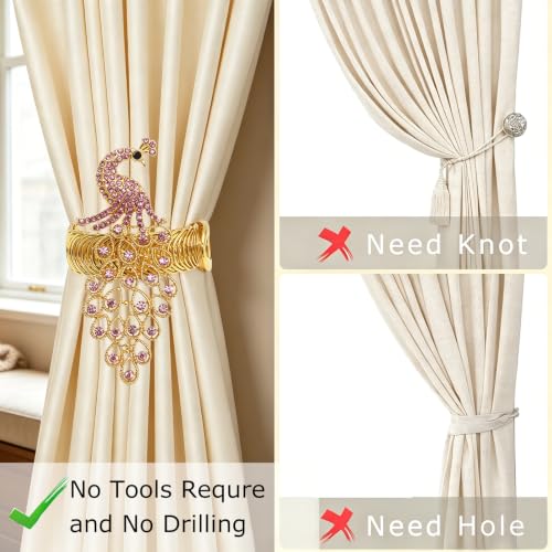 Pink Crystal Peacock Curtain Tiebacks - Set of 2 for Wedding & Home Decor