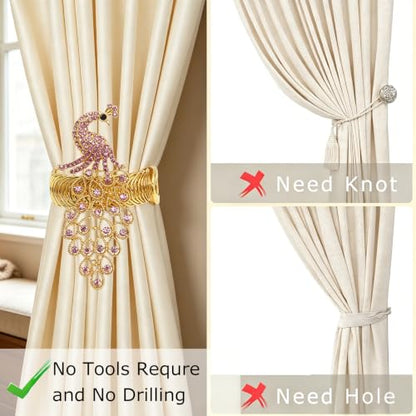 Pink Crystal Peacock Curtain Tiebacks - Set of 2 for Wedding & Home Decor